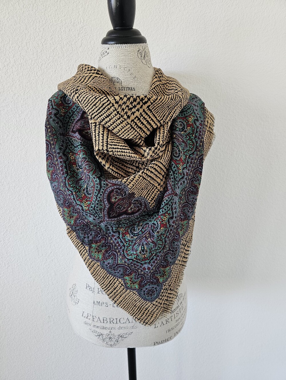 Vintage Made in Italy Paisley & Geometric Grid Large Square Scarf (44" x 45")​